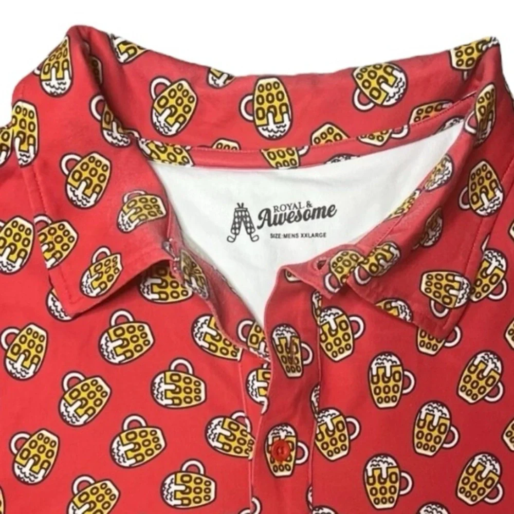 Royal and Awesome Polo Shirt 2XL Red All Over Beer Mugs Print Performance EUC